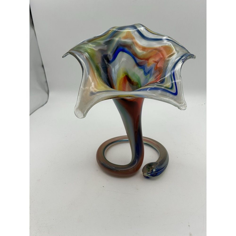 Vintage Sooner Hand Blown Blue And Green Art Glass Swirl Twisted Stem‎ Vase